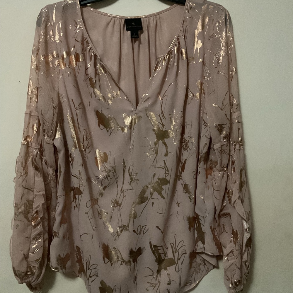 Worthington Womens Blouse Pink Gold Metallic Foil Print Long Sleeve